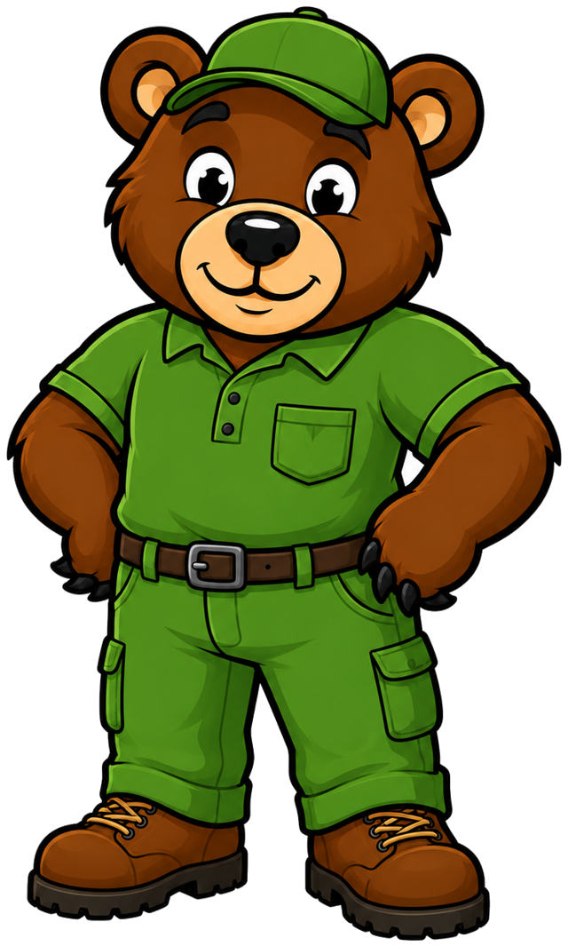 The LawnBears mascot in uniform, ready for work